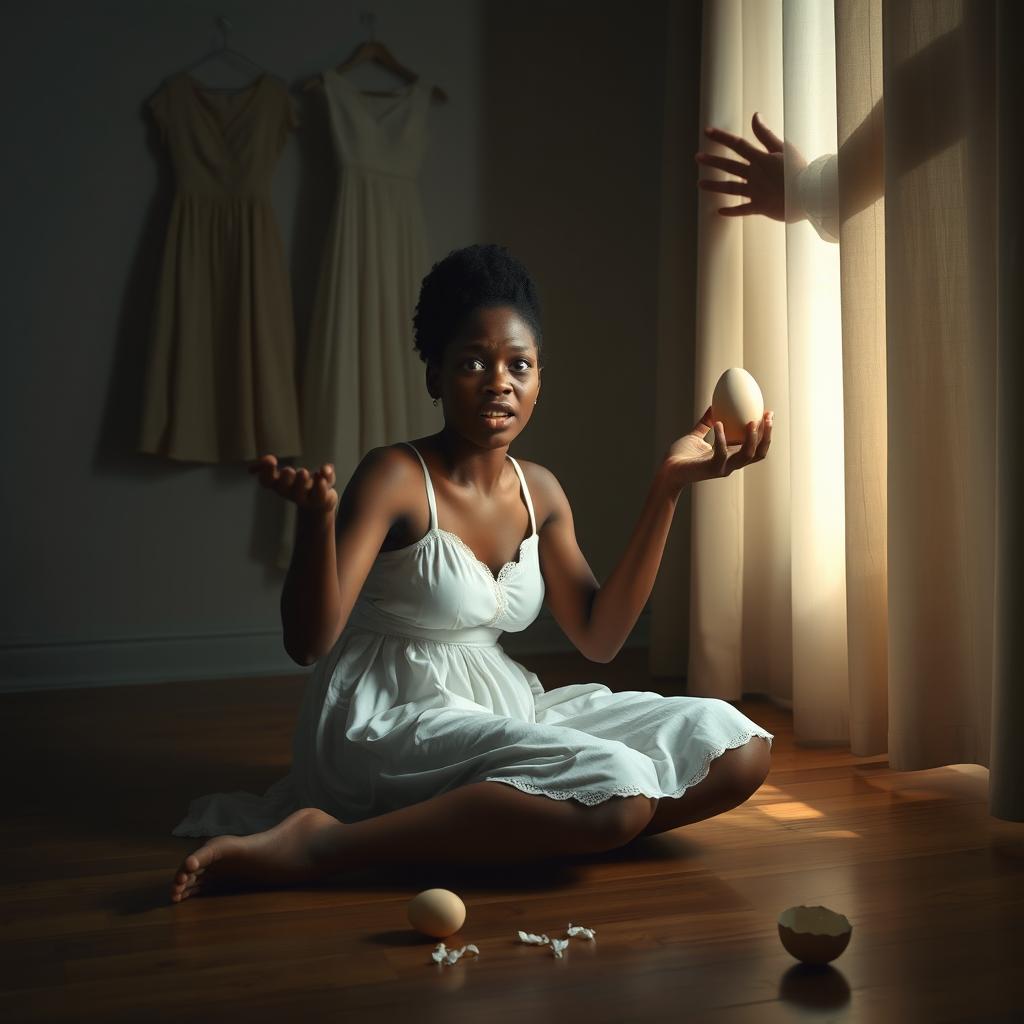 A light-skinned African woman sitting gracefully on the floor in a dimly lit room, wearing a delicate white dress, barefoot