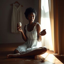 A light-skinned African woman sitting gracefully on the floor in a dimly lit room, wearing a delicate white dress, barefoot