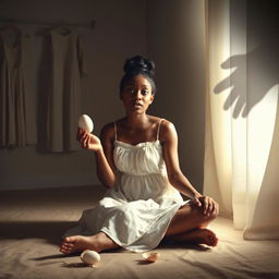 A light-skinned African woman sitting gracefully on the floor in a dimly lit room, wearing a delicate white dress, barefoot