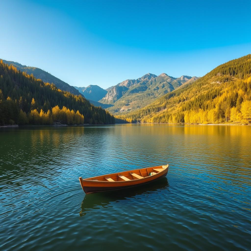 A serene landscape featuring a tranquil lake surrounded by lush green forests, with mountains in the background under a clear blue sky