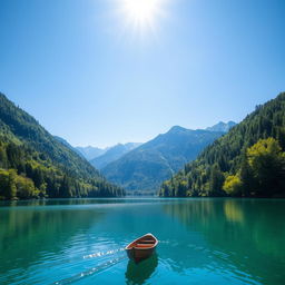 A serene landscape featuring a tranquil lake surrounded by lush green forests, with mountains in the background under a clear blue sky