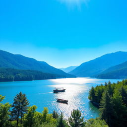 A serene landscape featuring a tranquil lake surrounded by lush green forests, with mountains in the background under a clear blue sky