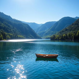 A serene landscape featuring a tranquil lake surrounded by lush green forests, with mountains in the background under a clear blue sky