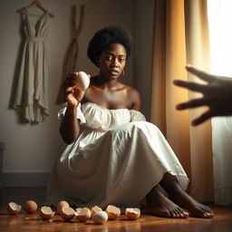 A scene depicting a light-skinned African lady sitting in a room