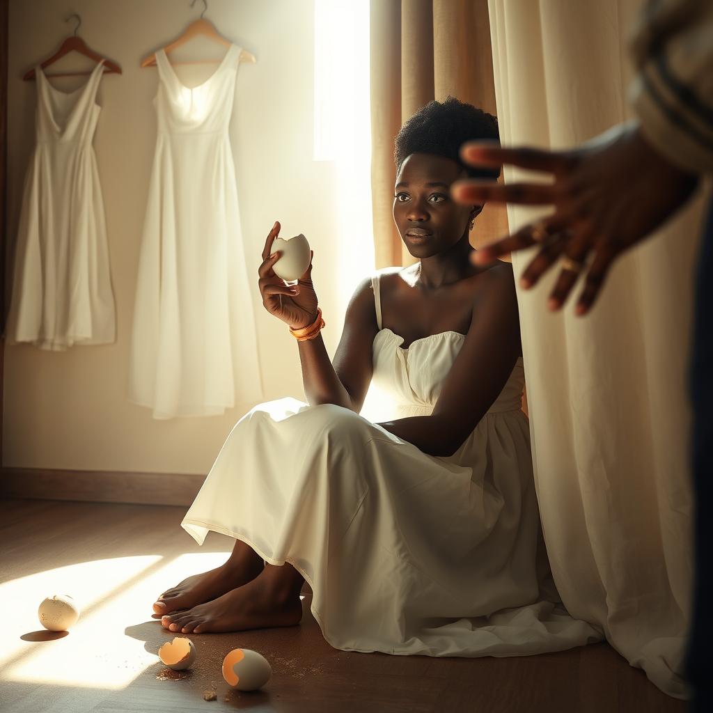 A scene depicting a light-skinned African lady sitting in a room