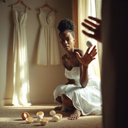 A scene depicting a light-skinned African lady sitting in a room