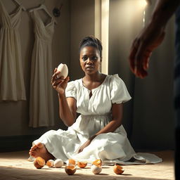 A scene depicting a light-skinned African lady sitting in a room