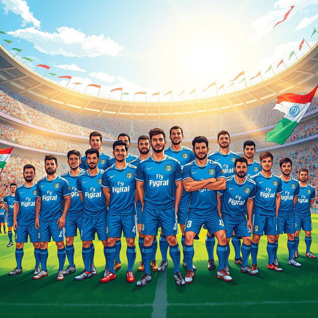 A vibrant and dynamic illustration capturing the legendary players of Esteghlal Tehran FC in a large team photograph at a stadium