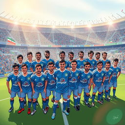 A vibrant and dynamic illustration capturing the legendary players of Esteghlal Tehran FC in a large team photograph at a stadium