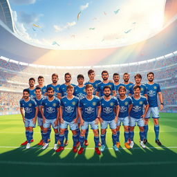 A vibrant and dynamic illustration capturing the legendary players of Esteghlal Tehran FC in a large team photograph at a stadium