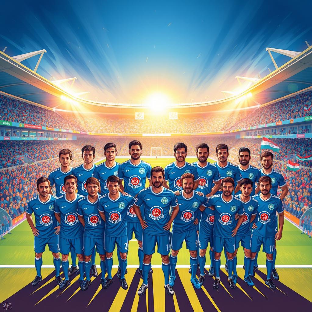 A vibrant and dynamic illustration capturing the legendary players of Esteghlal Tehran FC in a large team photograph at a stadium