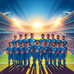 A vibrant and dynamic illustration capturing the legendary players of Esteghlal Tehran FC in a large team photograph at a stadium