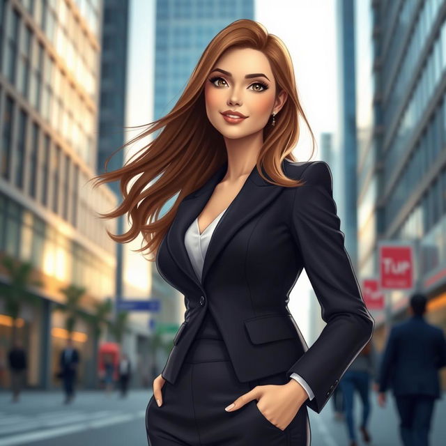 A female character resembling the essence of the subject in the provided image: a confident and elegant woman dressed in a stylish business outfit, standing in an urban setting