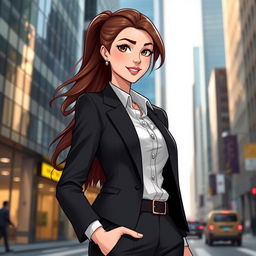A female character resembling the essence of the subject in the provided image: a confident and elegant woman dressed in a stylish business outfit, standing in an urban setting