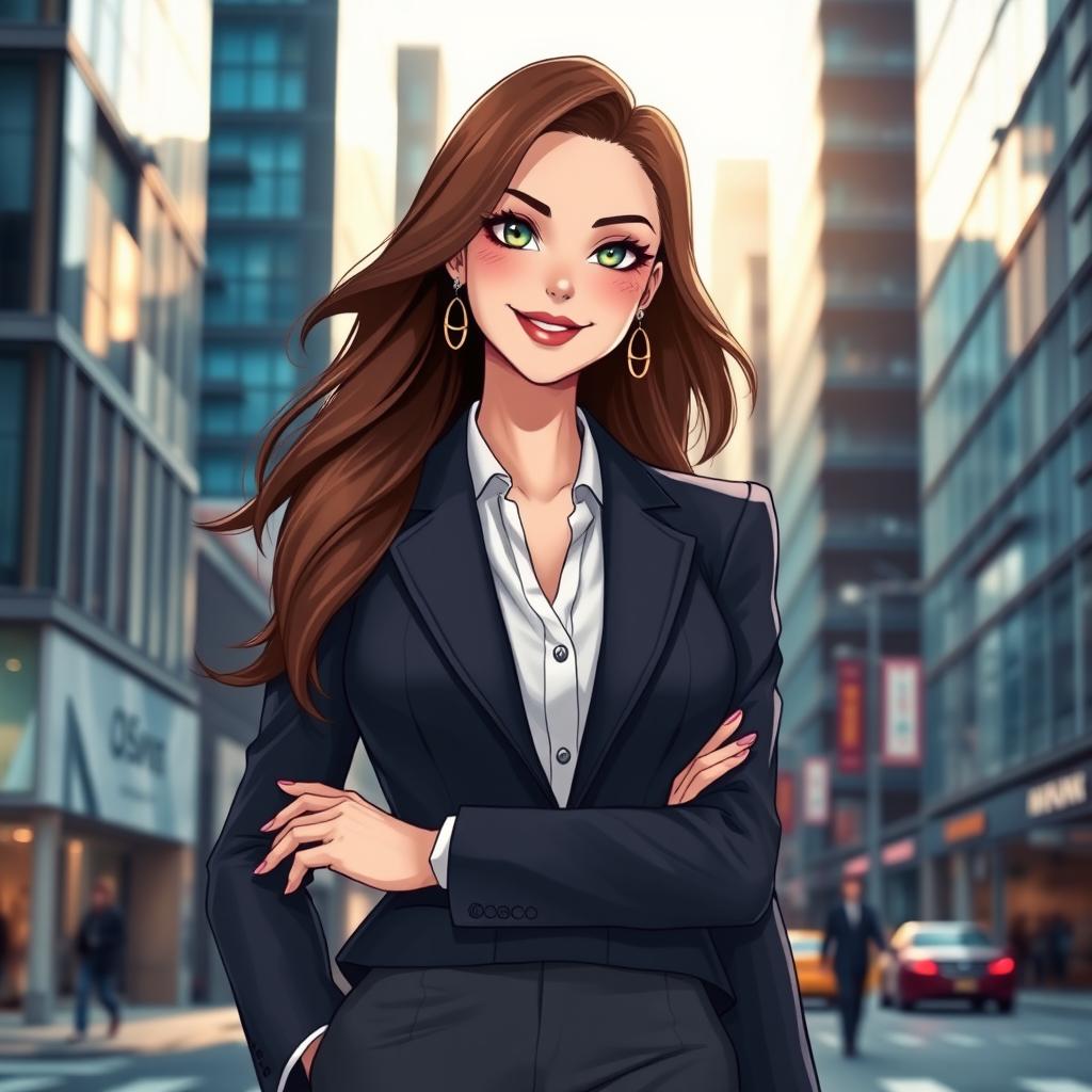 A female character resembling the essence of the subject in the provided image: a confident and elegant woman dressed in a stylish business outfit, standing in an urban setting