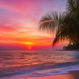 A shining, radiant sun setting over a serene, tropical beach with palm trees interspersed and waves softly hitting the shoreline. The sky alluringly painted with hues of pink and orange.