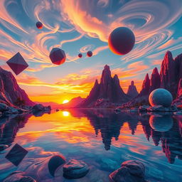 A surreal dreamlike landscape featuring an otherworldly scene with abstract shapes and vibrant colors