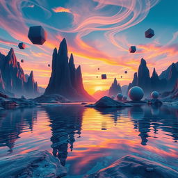 A surreal dreamlike landscape featuring an otherworldly scene with abstract shapes and vibrant colors