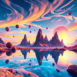 A surreal dreamlike landscape featuring an otherworldly scene with abstract shapes and vibrant colors