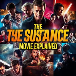 A visually engaging YouTube thumbnail for a movie explanation video, featuring bold, eye-catching text that reads "THE SUBSTANCE MOVIE EXPLAINED" prominently displayed