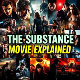 A visually engaging YouTube thumbnail for a movie explanation video, featuring bold, eye-catching text that reads "THE SUBSTANCE MOVIE EXPLAINED" prominently displayed