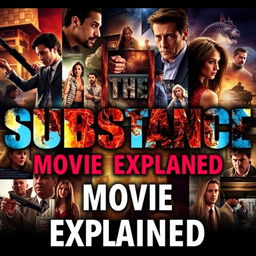 A visually engaging YouTube thumbnail for a movie explanation video, featuring bold, eye-catching text that reads "THE SUBSTANCE MOVIE EXPLAINED" prominently displayed