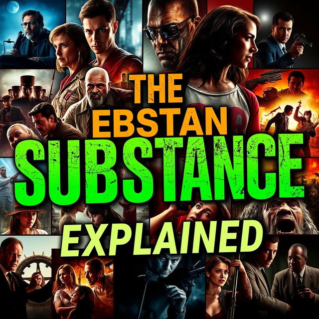 A visually engaging YouTube thumbnail for a movie explanation video, featuring bold, eye-catching text that reads "THE SUBSTANCE MOVIE EXPLAINED" prominently displayed