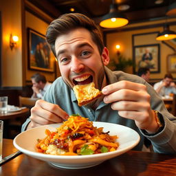 A man joyfully eating his favorite food, showcasing a delicious, well-plated dish that emphasizes vibrant colors and textures