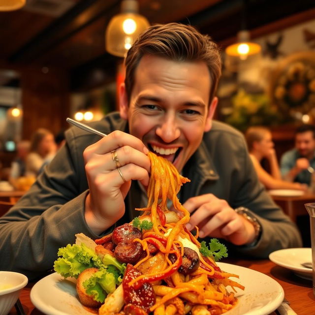 A man joyfully eating his favorite food, showcasing a delicious, well-plated dish that emphasizes vibrant colors and textures