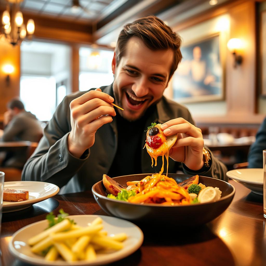 A man joyfully eating his favorite food, showcasing a delicious, well-plated dish that emphasizes vibrant colors and textures