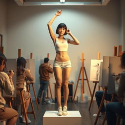 A photorealistic full body shot of a 20-year-old slim, slender Asian woman with a bobcut hairstyle and bangs, standing upright with legs spread