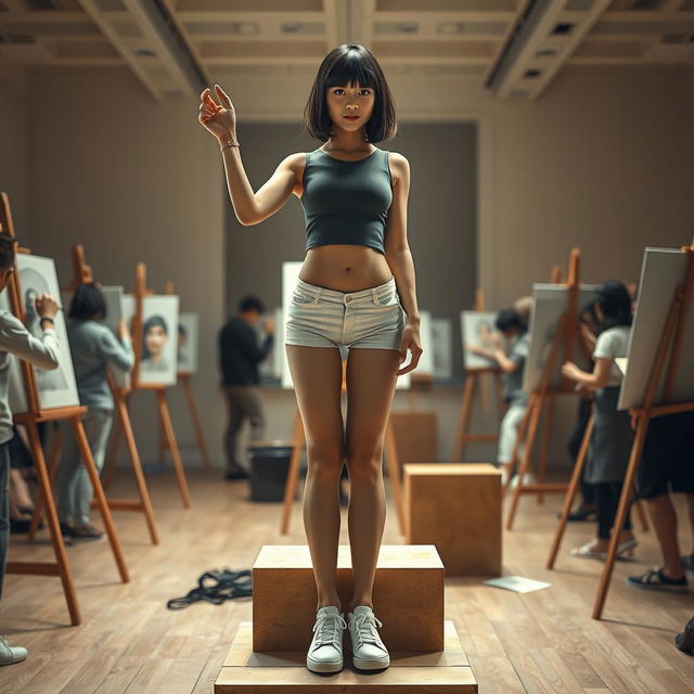 A photorealistic full body shot of a 20-year-old slim, slender Asian woman with a bobcut hairstyle and bangs, standing upright with legs spread