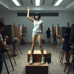 A photorealistic full body shot of a 20-year-old slim, slender Asian woman with a bobcut hairstyle and bangs, standing upright with legs spread