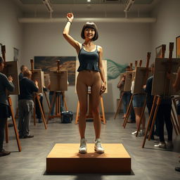 A photorealistic full body shot of a 20-year-old slim, slender Asian woman with a bobcut hairstyle and bangs, standing upright with legs spread
