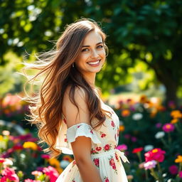 A stunning portrait of a beautiful woman with long flowing hair, wearing an elegant summer dress that billows gently in the breeze
