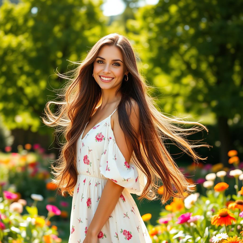 A stunning portrait of a beautiful woman with long flowing hair, wearing an elegant summer dress that billows gently in the breeze