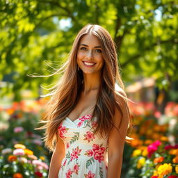 A stunning portrait of a beautiful woman with long flowing hair, wearing an elegant summer dress that billows gently in the breeze