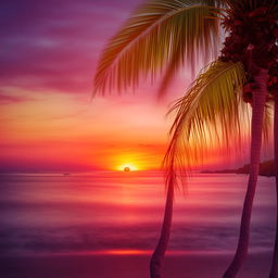 A shining, radiant sun setting over a serene, tropical beach with palm trees interspersed and waves softly hitting the shoreline. The sky alluringly painted with hues of pink and orange.