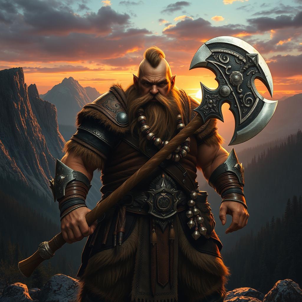 A fierce and brave barbarian dwarf, standing proudly amidst a rugged, mountainous landscape