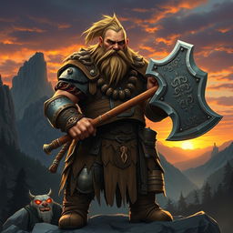 A fierce and brave barbarian dwarf, standing proudly amidst a rugged, mountainous landscape