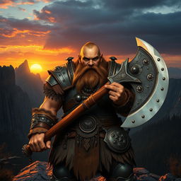 A fierce and brave barbarian dwarf, standing proudly amidst a rugged, mountainous landscape