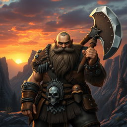 A fierce and brave barbarian dwarf, standing proudly amidst a rugged, mountainous landscape