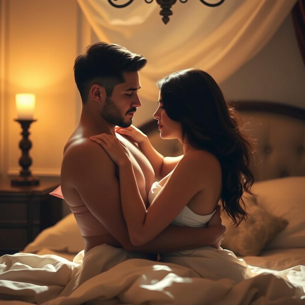 A sensual and intimate scene between two adults, depicting a romantic and passionate atmosphere