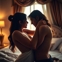 A sensual and intimate scene between two adults, depicting a romantic and passionate atmosphere