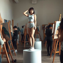 A photorealistic full shot of a 20-year-old Asian woman with a slender build and a bobcut hairstyle with bangs, standing upright on a pedestal in a drawing class