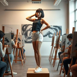 A photorealistic full shot of a 20-year-old Asian woman with a slender build and a bobcut hairstyle with bangs, standing upright on a pedestal in a drawing class