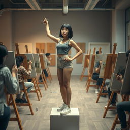 A photorealistic full shot of a 20-year-old Asian woman with a slender build and a bobcut hairstyle with bangs, standing upright on a pedestal in a drawing class