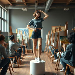A photorealistic full shot of a 20-year-old Asian woman with a slender build and a bobcut hairstyle with bangs, standing upright on a pedestal in a drawing class