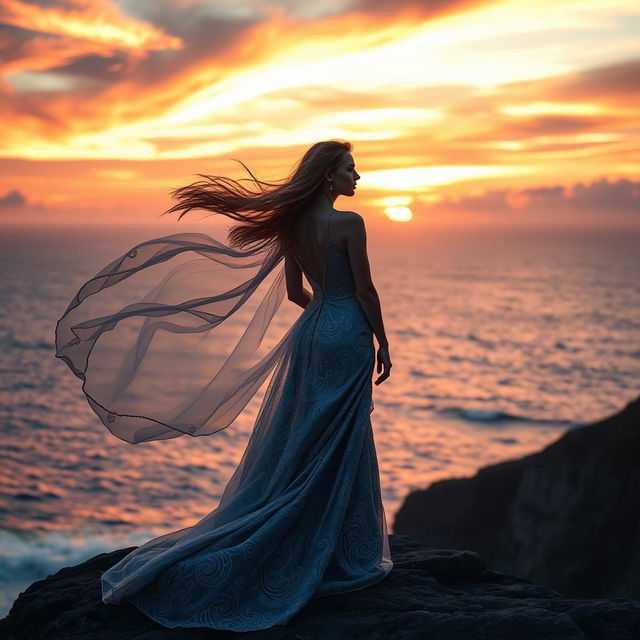 An elegant female figure in a flowing, ethereal gown standing on a cliff overlooking the ocean at sunset, her hair whipping in the wind