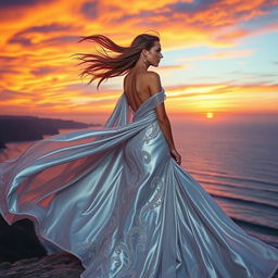 An elegant female figure in a flowing, ethereal gown standing on a cliff overlooking the ocean at sunset, her hair whipping in the wind